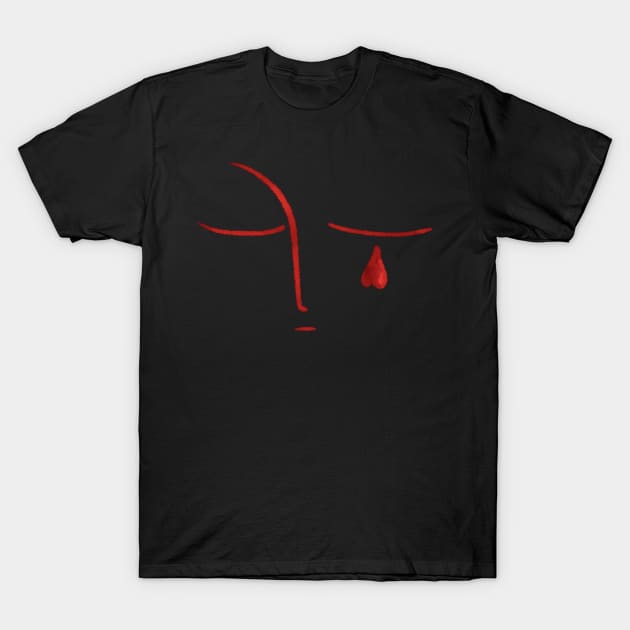 Sad face crying red love heart darker red on black background T-Shirt by iulistration